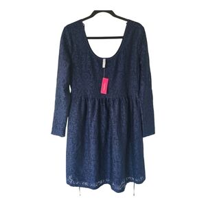 Xhilaration Lace Dress Women Sz M Blue Fit Flare Belted Pleated TieBack New